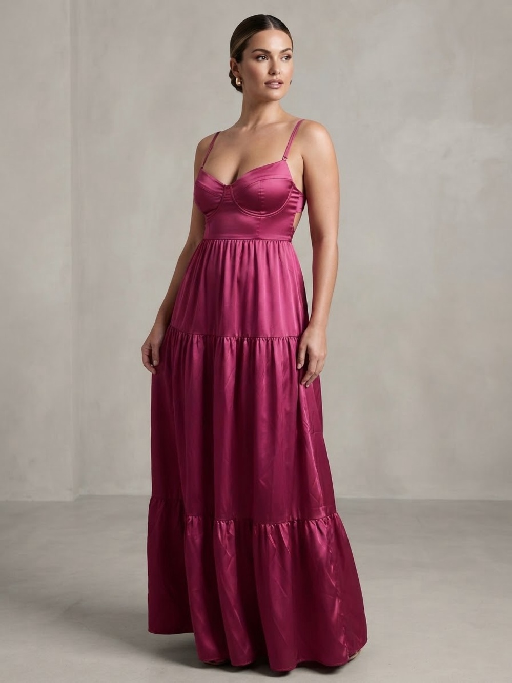 Fuchsia Satin Tiered Maxi Dress with Adjustable Straps
